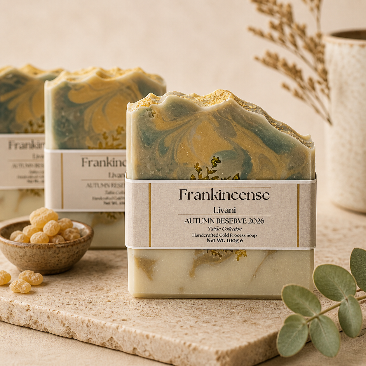 Frankincense soap with marbled design and visible branding on a neutral background