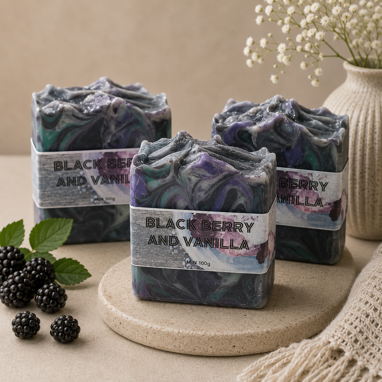 Three bars of soap labeled 'Black Berry and Vanilla' on a beige surface with blackberries and a vase in the background.