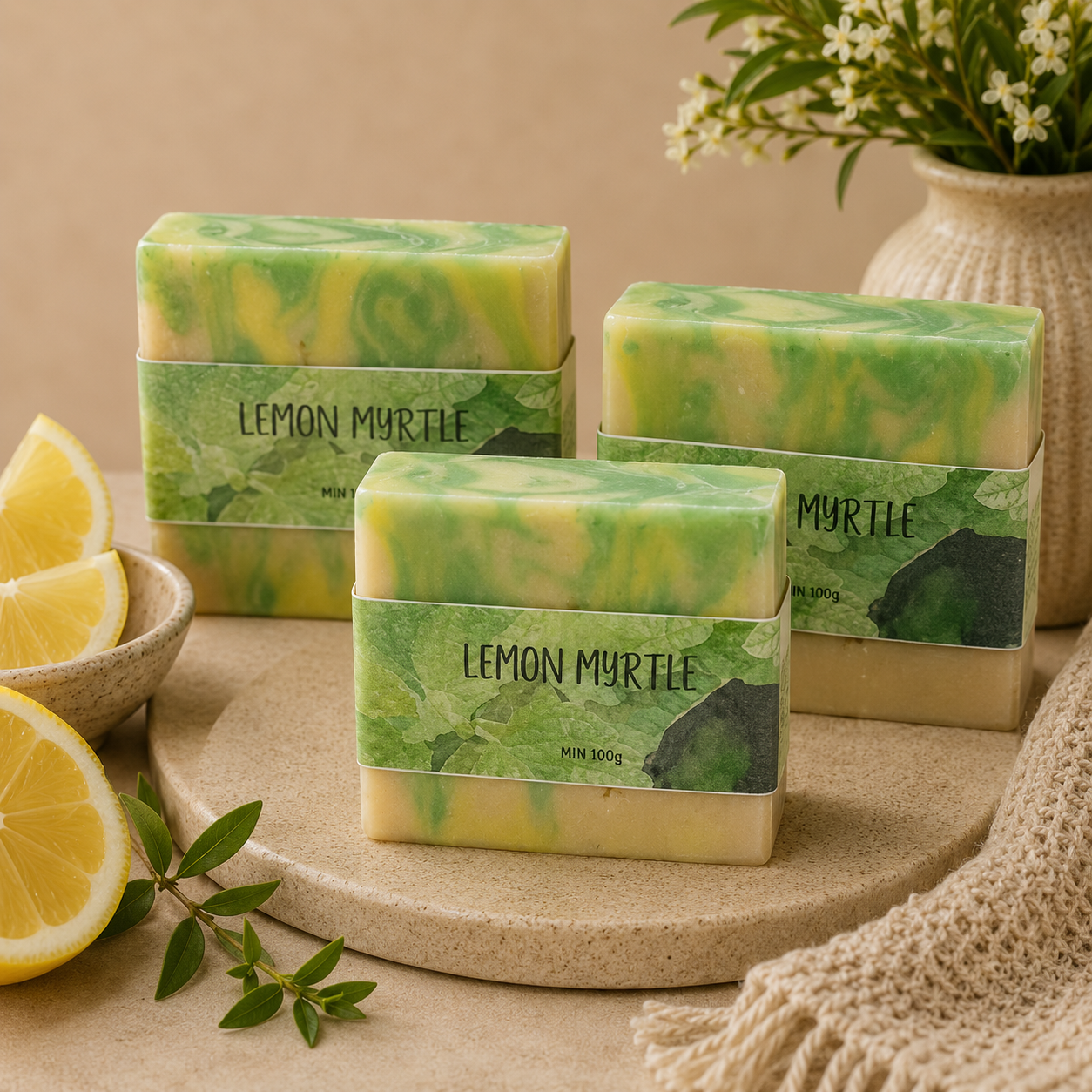 Green and yellow swirled soap bars with 'Lemon Myrtle' text on a beige surface with lemons and flowers.