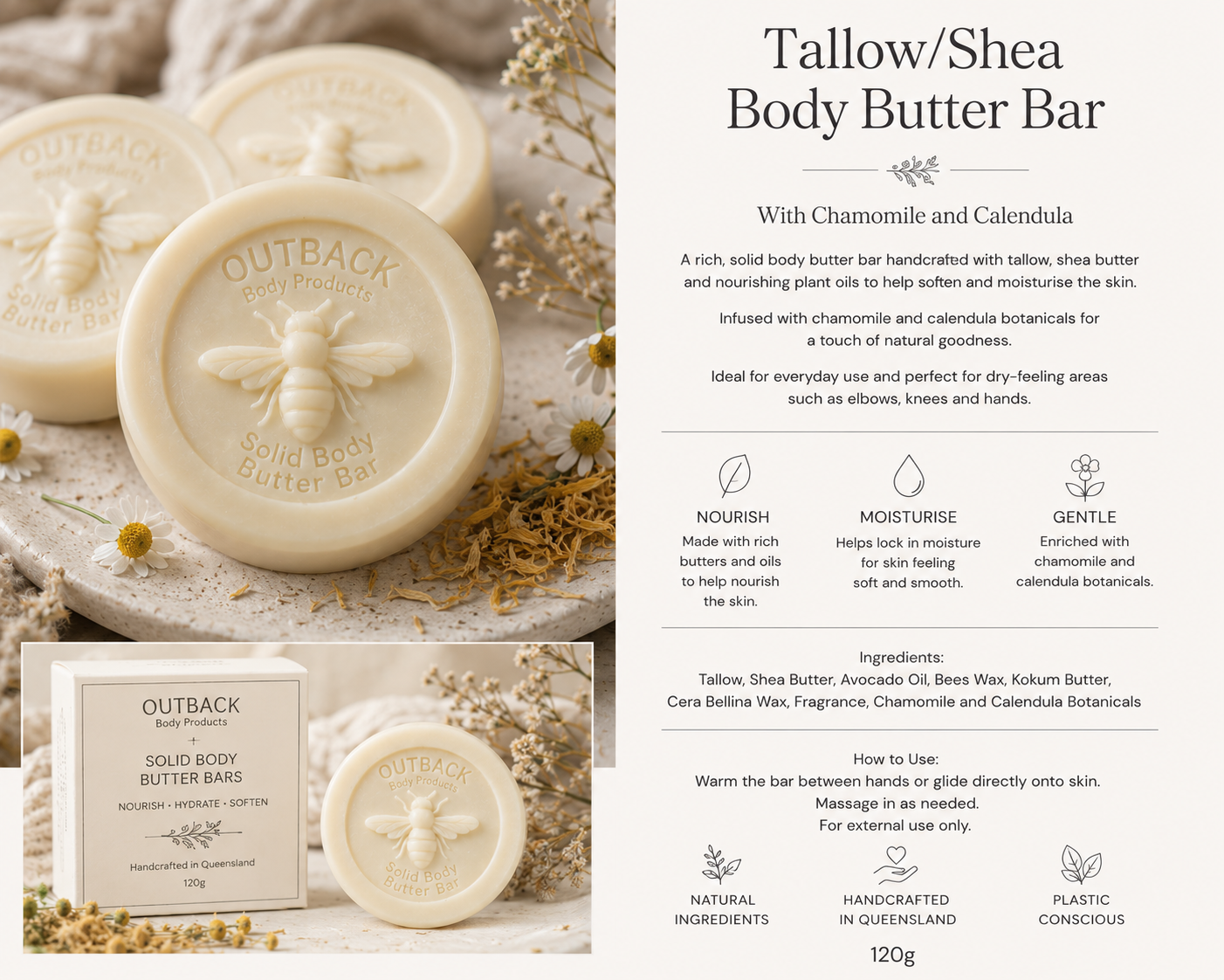 Handcrafted solid body butter by Outback Body Products