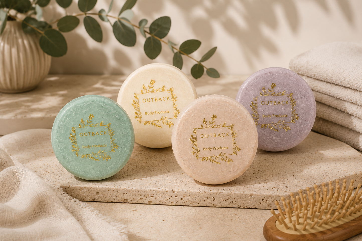 Four shampoo bars with 'Outback' branding on a stone surface with a natural background.