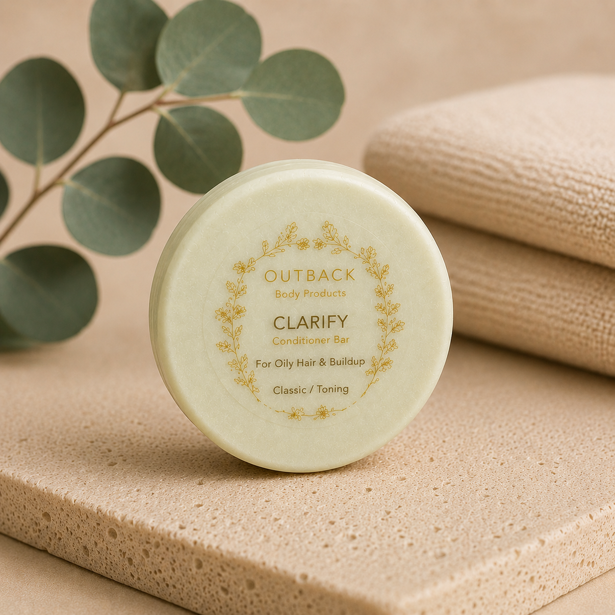 Outback Body Products Clarify Conditioner Bar on a beige surface with eucalyptus leaves.