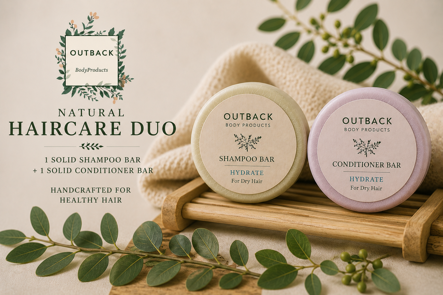 Outback Body Products natural haircare duo with shampoo and conditioner bars on a wooden stand.