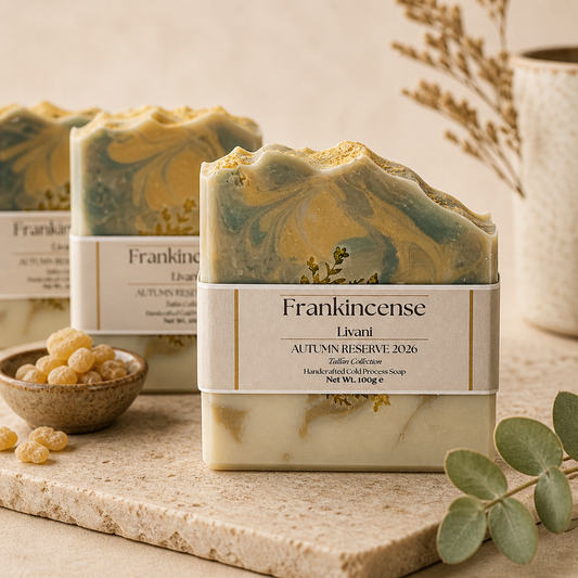 Frankincense soap with marbled design and visible branding on a neutral background