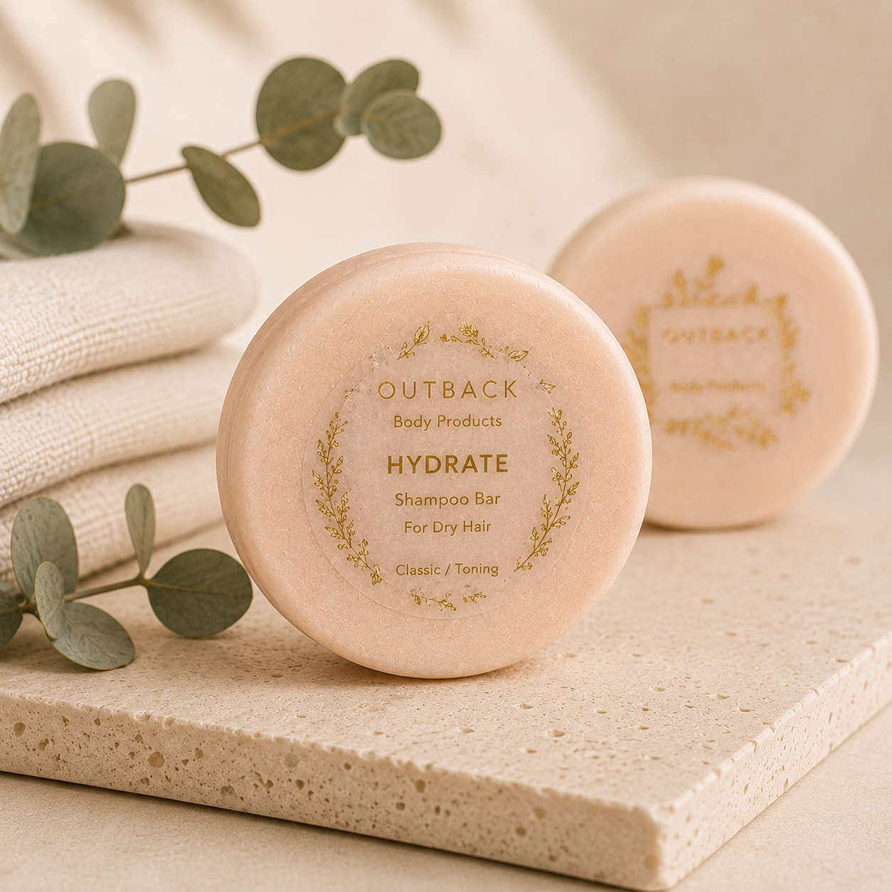 Outback Body Products shampoo bar on a stone surface with eucalyptus leaves.