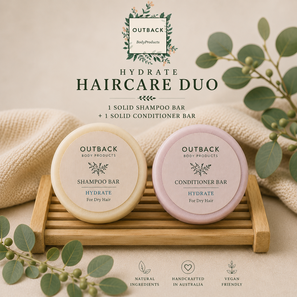Outback Body Products hydrate haircare duo with shampoo and conditioner bars on a wooden stand.
