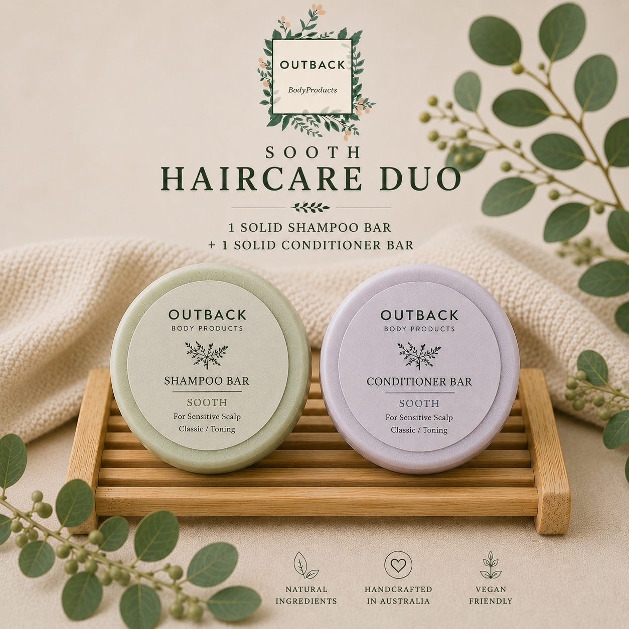 Outback Body Products Sooth Haircare Duo with shampoo and conditioner bars on a wooden stand.