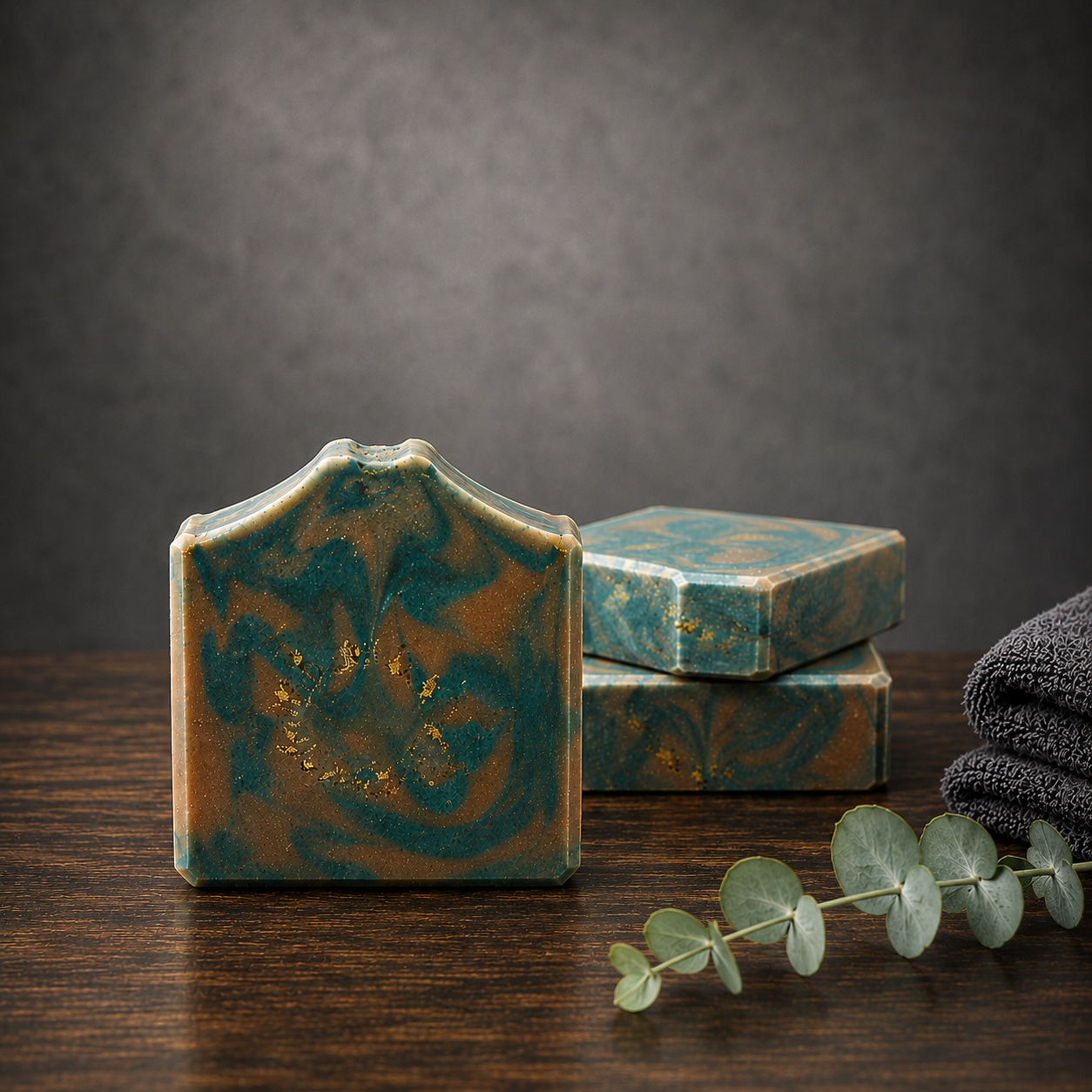 Three green and brown soap bars on a wooden surface with a dark background