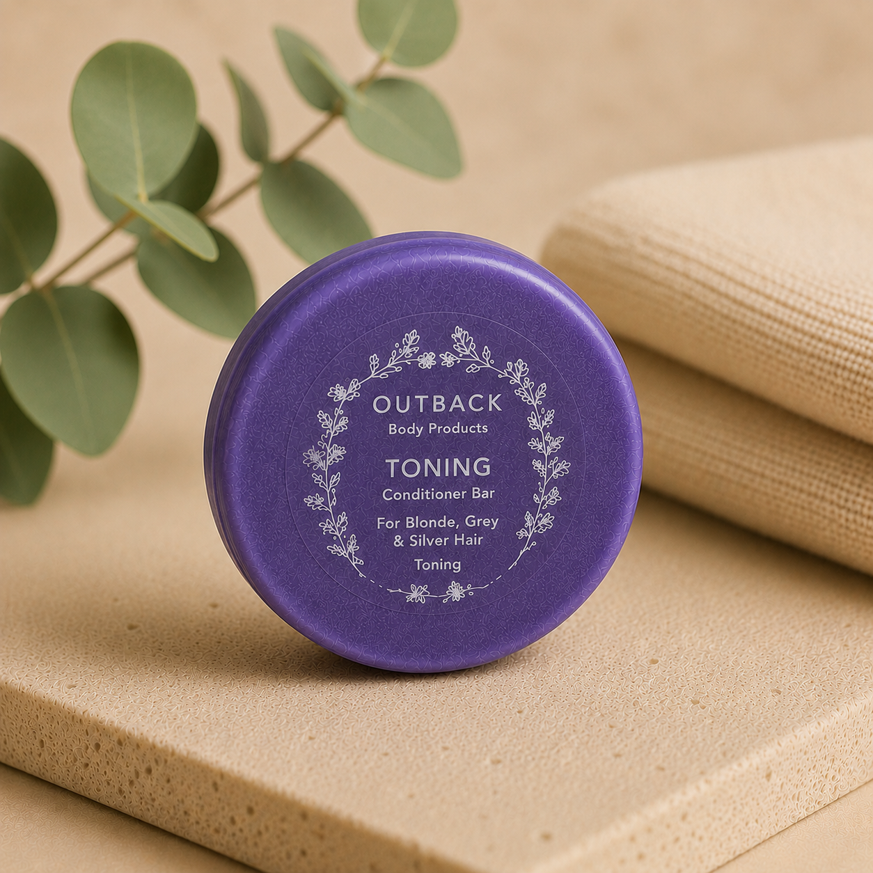 Purple conditioner bar with 'Outback' branding on a beige surface with eucalyptus leaves.
