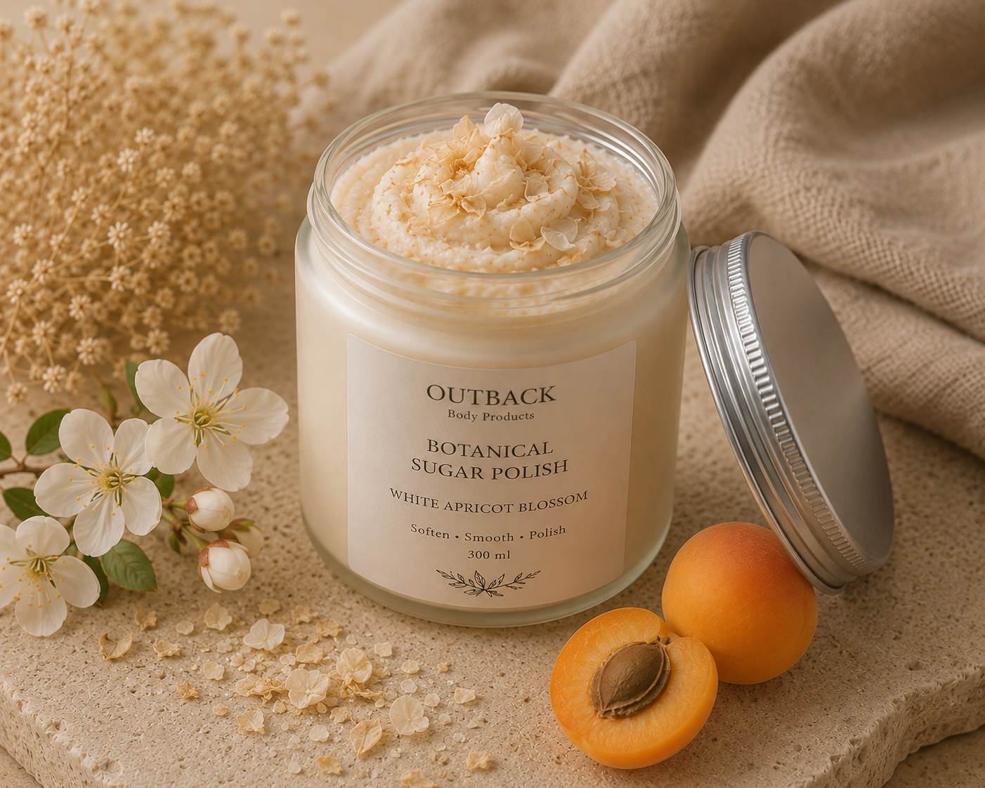 Jar of Outback Botanical Sugar Polish with apricot blossoms and apricots on a beige background