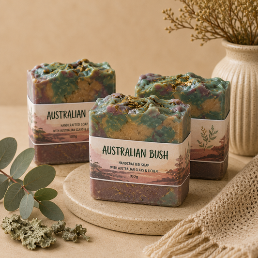 Handcrafted soap bars labeled 'Australian Bush' on a neutral background with decorative elements.