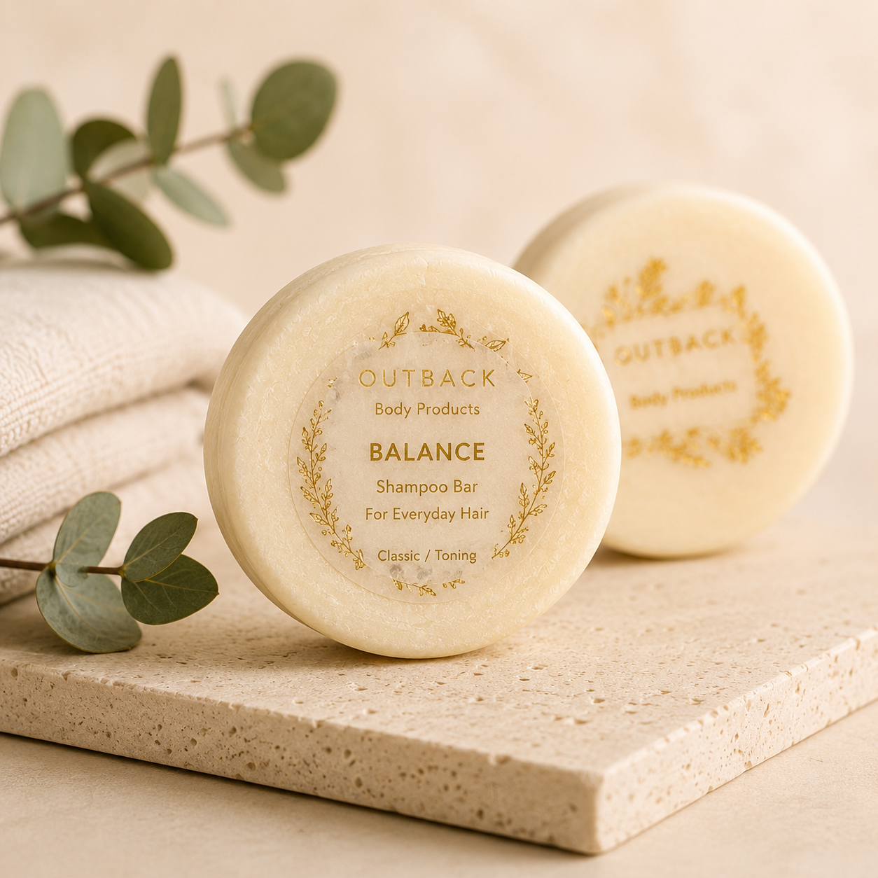 Two Outback Balance shampoo bars on a stone surface with eucalyptus leaves.