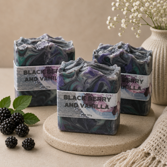 Three bars of soap labeled 'Black Berry and Vanilla' on a beige surface with blackberries and a vase in the background.