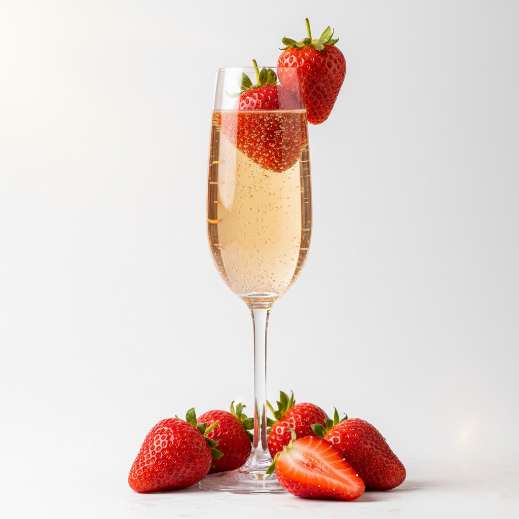 Glass of champagne with strawberries on a white background