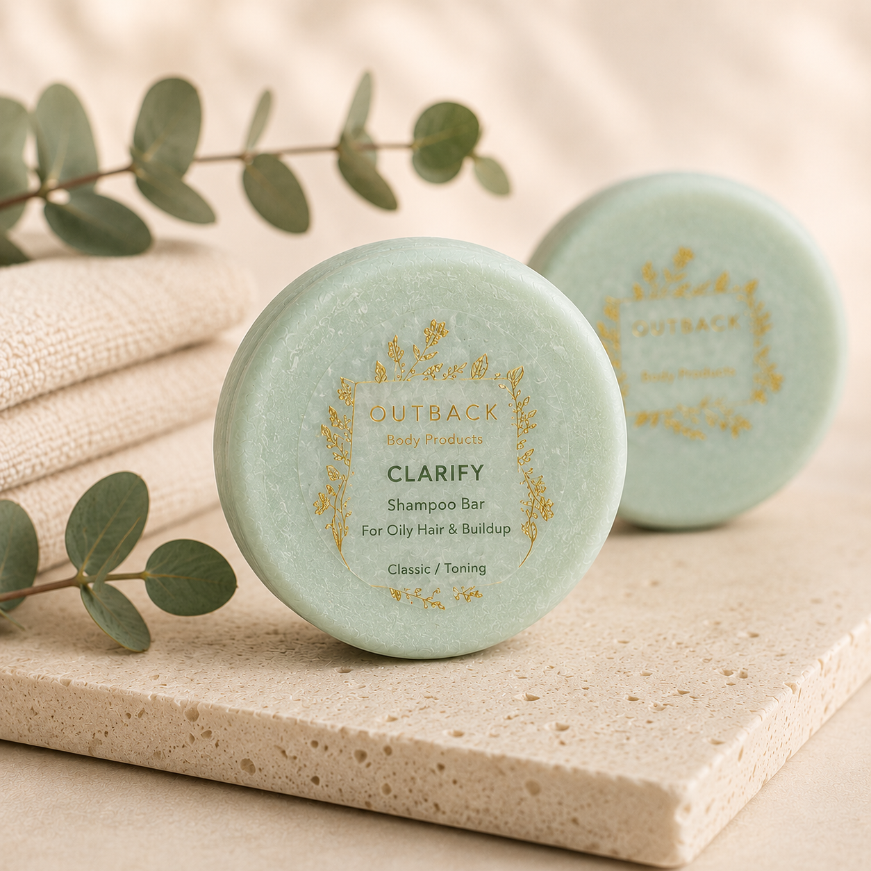 Two Outback Clarify Shampoo Bars on a stone surface with eucalyptus leaves.