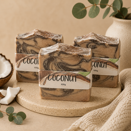 Bar soaps with 'Coconut' label on a stone surface with coconut and eucalyptus leaves.