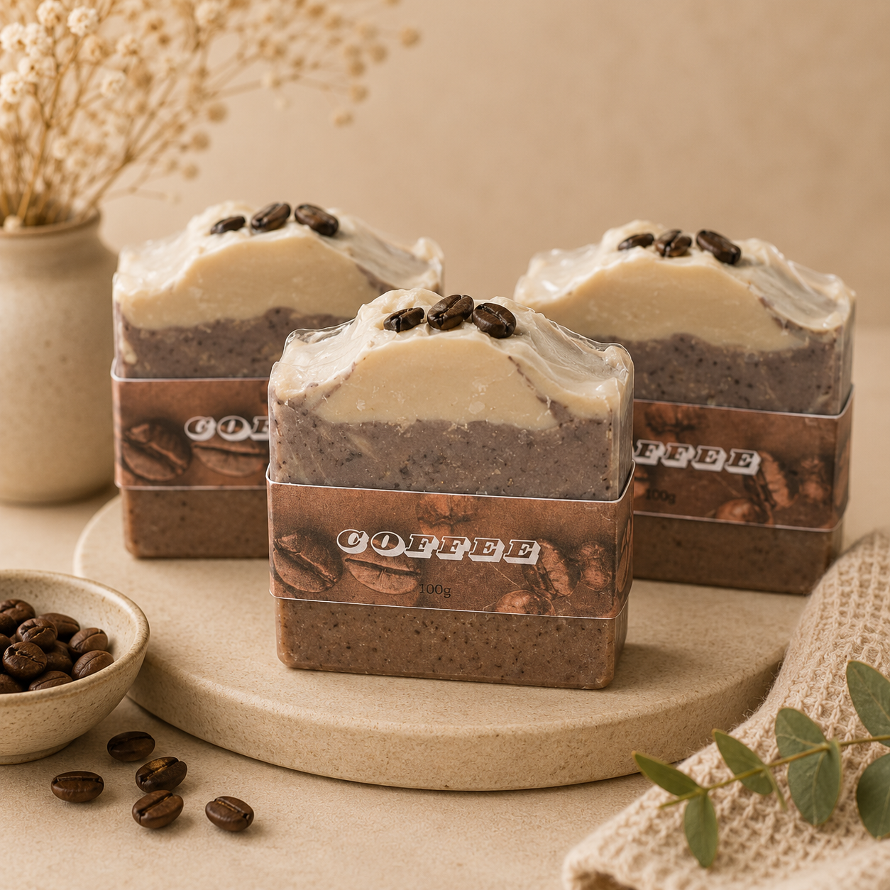 Three coffee-flavored soaps on a wooden stand with coffee beans and a bowl of coffee beans on a beige surface.