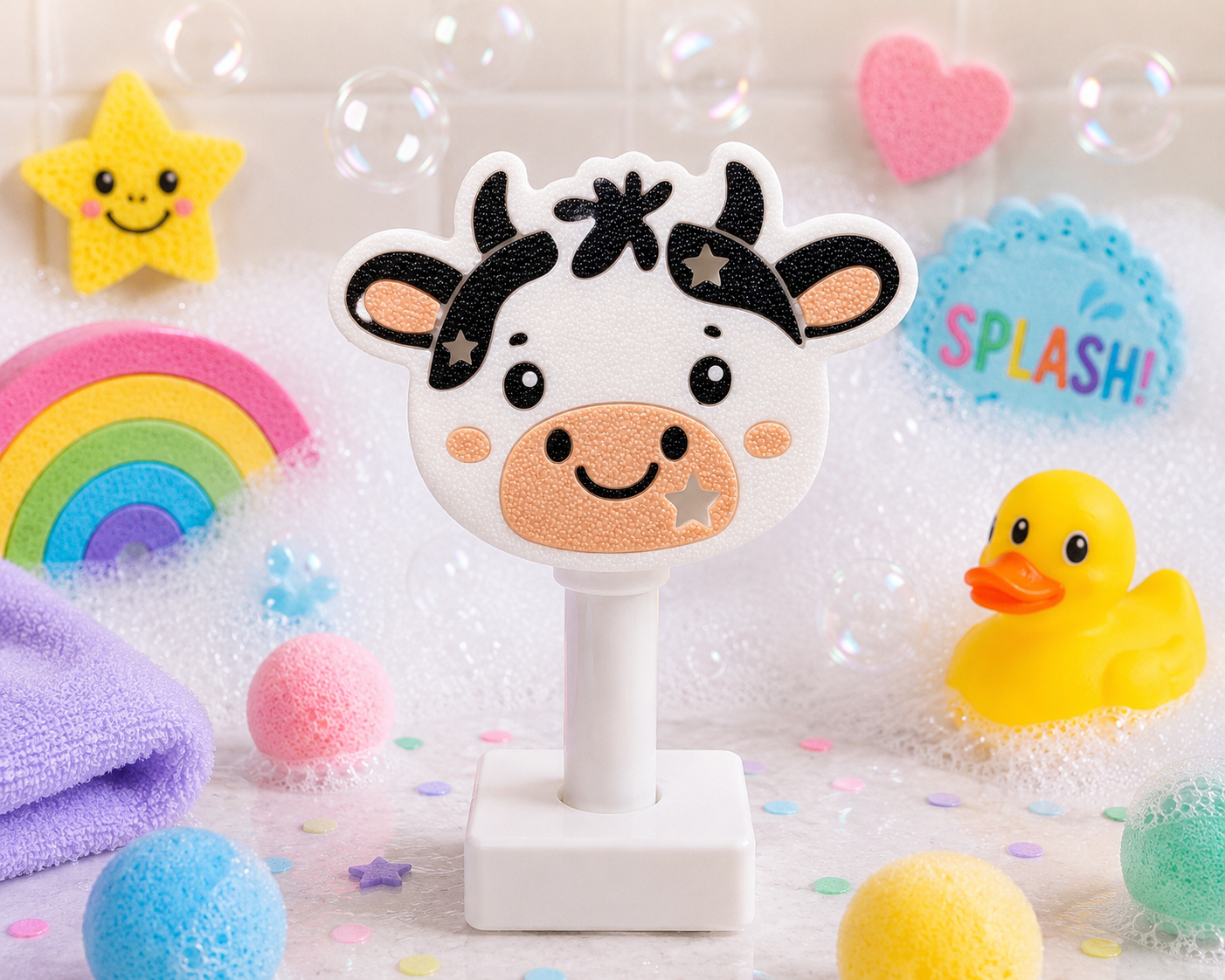Cow-themed bath toy with colorful background
