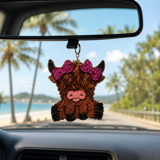 Car dashboard with a decorative cow ornament hanging from the rearview mirror, palm trees and beach in the background.
