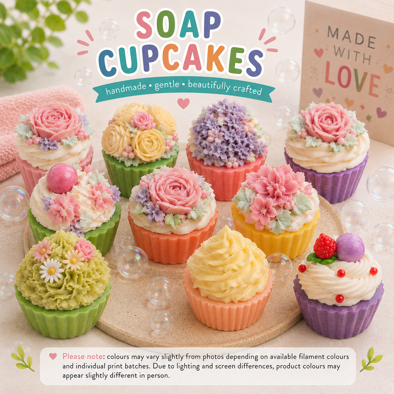 Colorful soap cupcakes on a wooden board with 'Soap Cupcakes' branding.