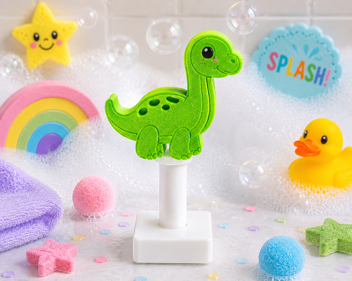 Colorful bath toy with dinosaur design surrounded by bubbles and bath items on a tiled background.