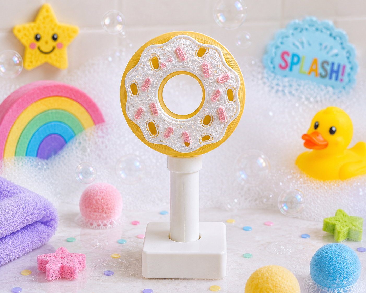 Colorful bath toy with 'SPLASH!' text surrounded by various bath items on a white background