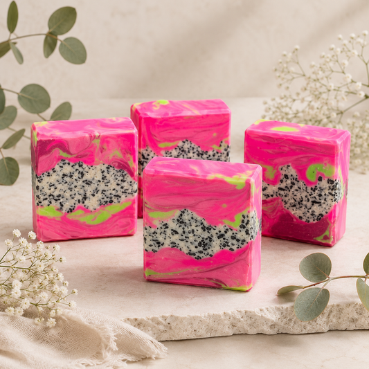 Four pink soap bars with black and green speckles on a light surface with decorative plants.
