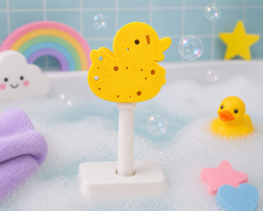 Yellow duck-shaped bath toy with a stand in a bathtub setting with bubbles, rainbow, and cloud decorations.