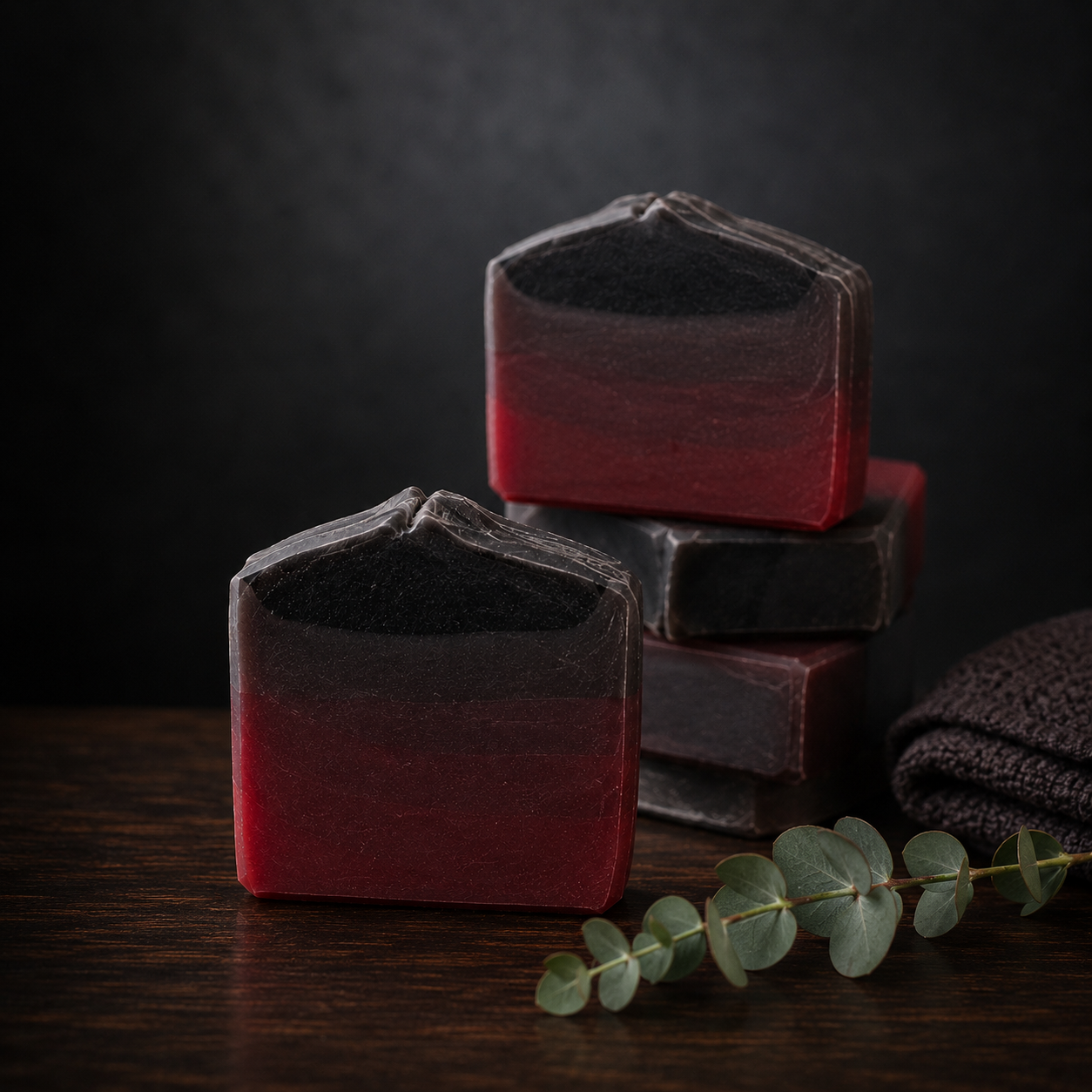 Three rectangular soaps with a gradient from red to gray on a dark surface with eucalyptus leaves.