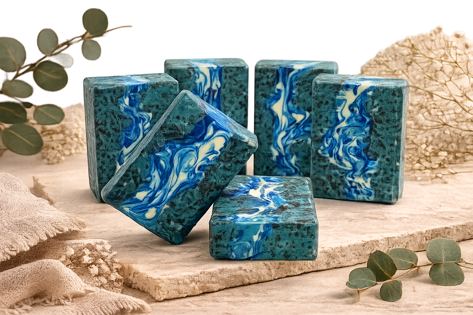 Blue and green marbled soap bars 