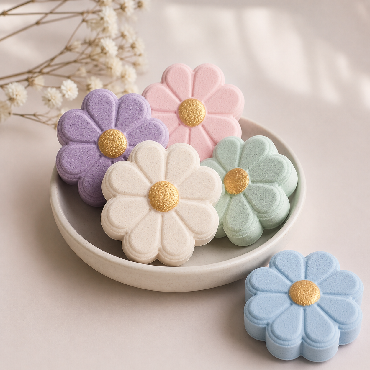 Pastel-colored flower-shaped bath bombs on a white plate with a soft background