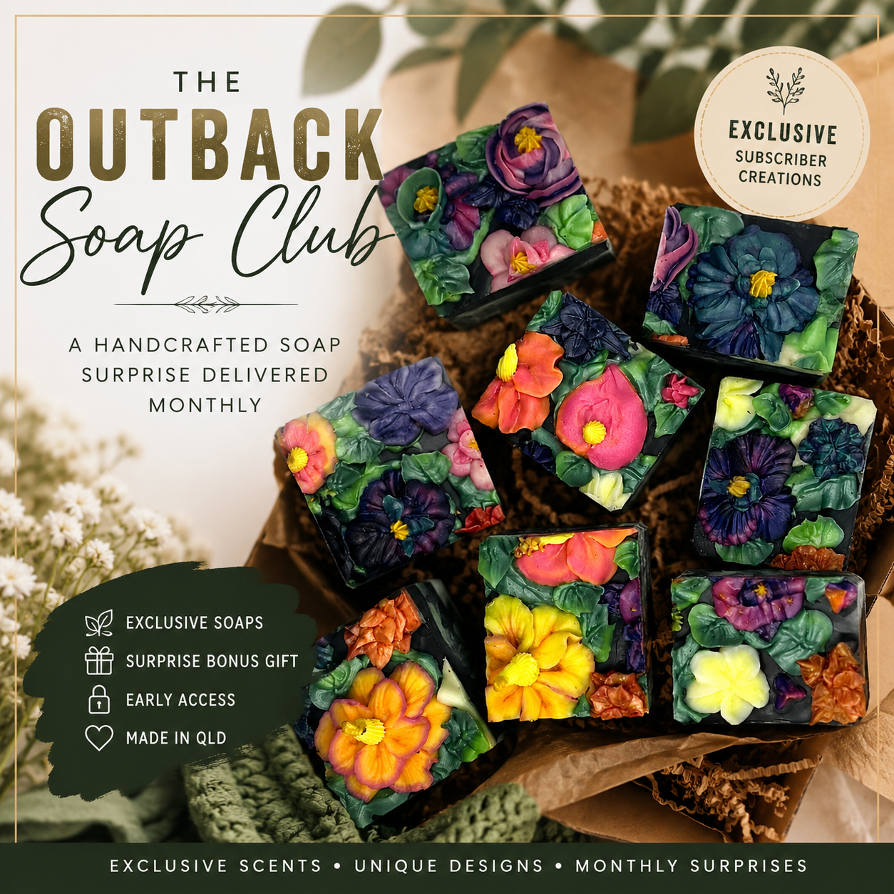 Colorful soap bars with floral designs in a cardboard box, branded as The Outback Soap Club.