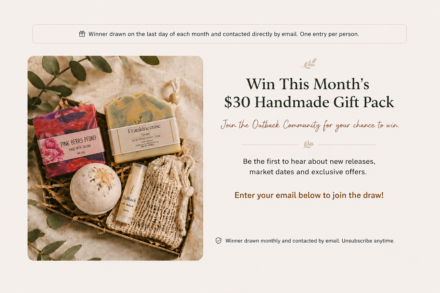 Handmade gift pack with soap, bath bombs, and loofah on a white background with promotional text.