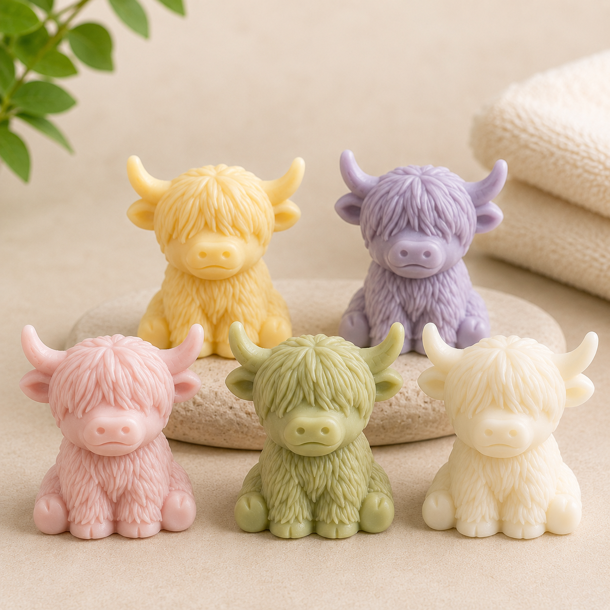 Five colorful highland cow Soaps on a beige surface with a plant in the background.