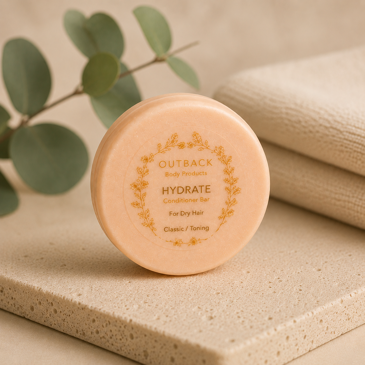 Outback Body Products hydrate conditioner bar on a beige surface with eucalyptus leaves.
