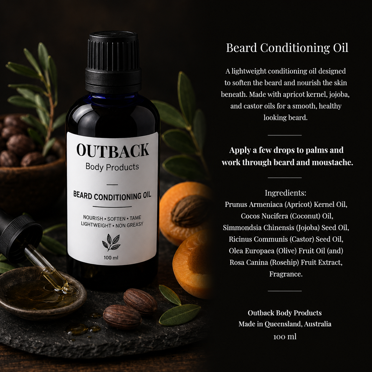 Outback Body Products beard conditioning oil bottle with ingredients and usage instructions on a dark background.