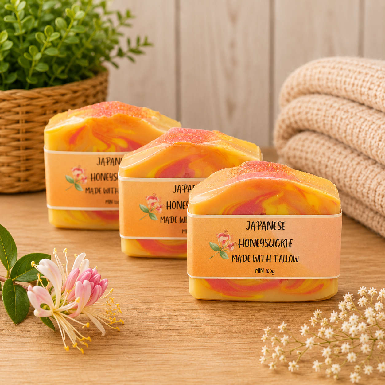 Three bars of soap labeled 'Japanese Honeysuckle' on a wooden surface with flowers and a plant in the background.