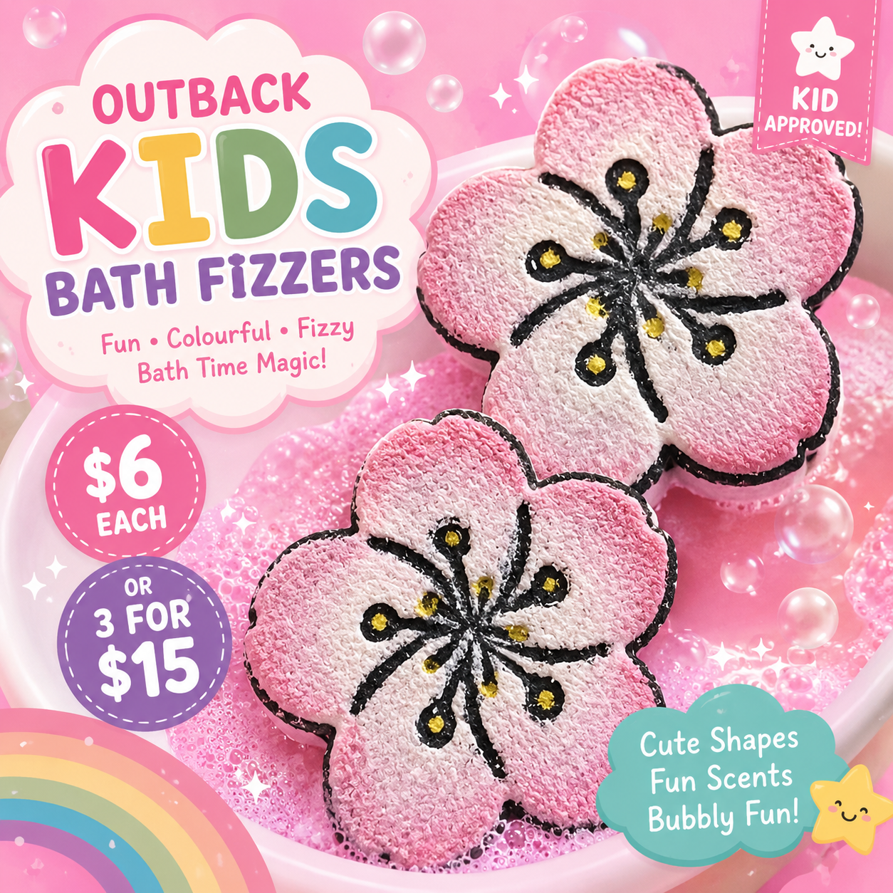 Outback Kids Bath Fizzers packaging with cherry blossom design on a pink background
