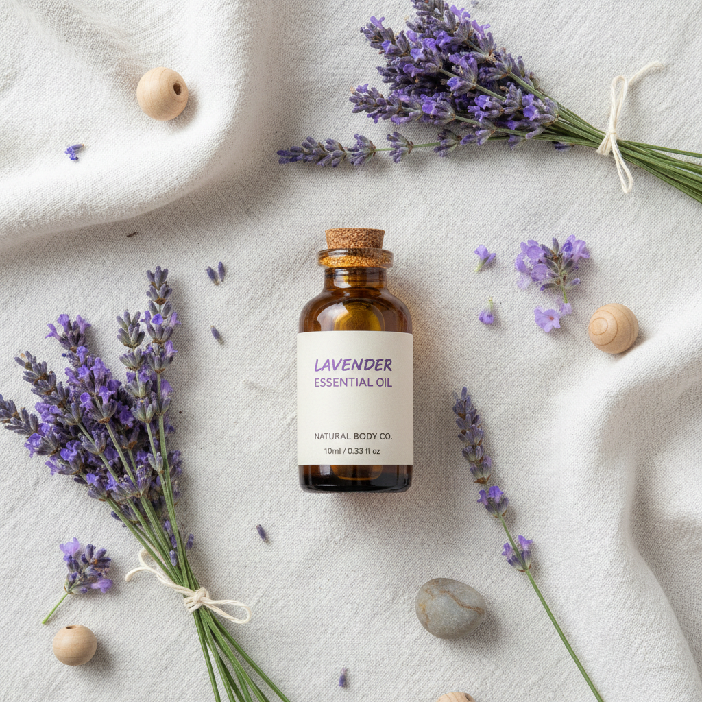 Lavender essential oil bottle with lavender flowers on a light fabric background