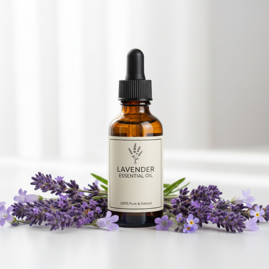 Lavender essential oil bottle with dropper surrounded by lavender flowers on a white background