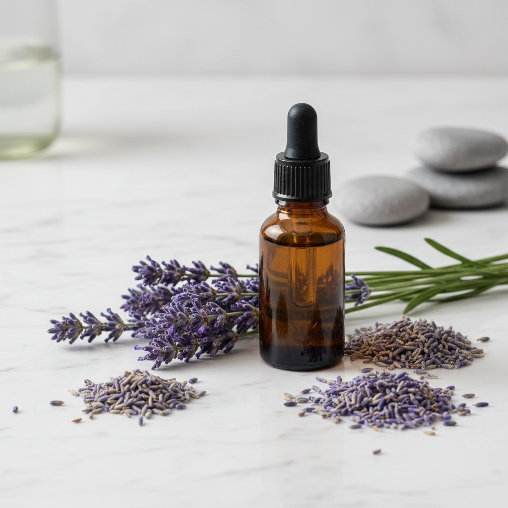 Brown glass dropper bottle with lavender flowers on a light surface