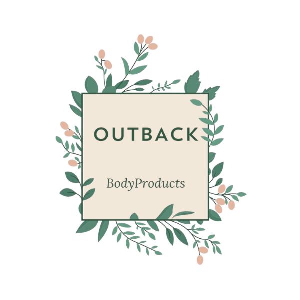 Outback Body Products logo with decorative leaves and flowers on a white background