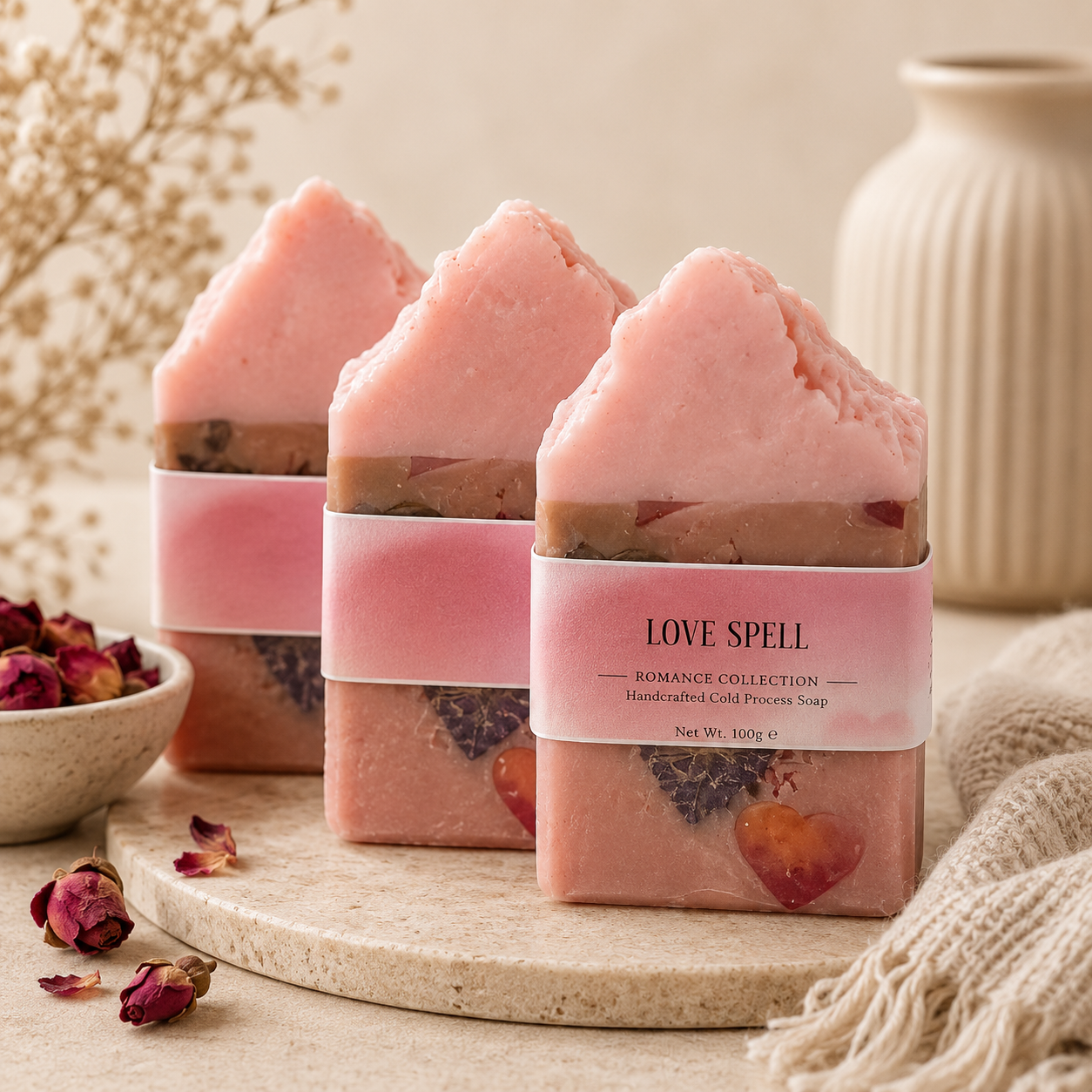 Three bars of 'Love Spell' soap on a stone surface with decorative elements.