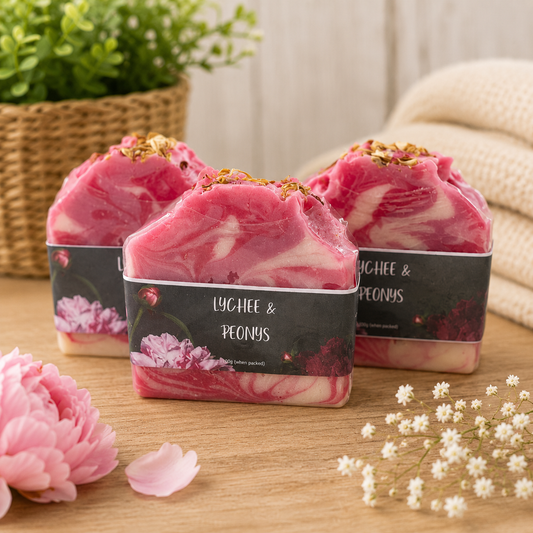 Three pink and white marbled soap bars with 'Lychee & Peonies' label on a wooden surface.