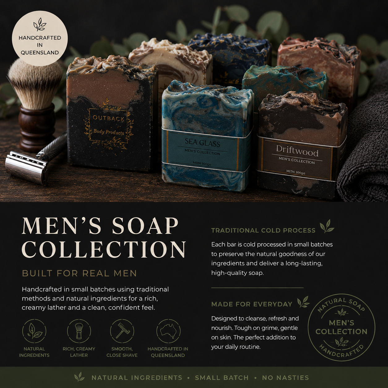 Men's soap collection with branding and product details on a dark background