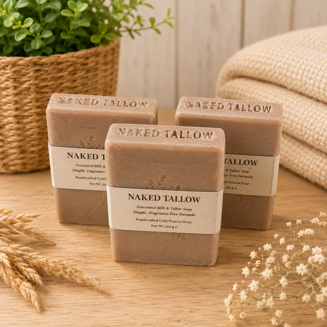 Three bars of Naked Tallow soap on a wooden surface with a plant and towel in the background.