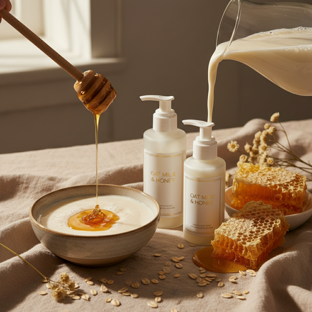 Oat milk and honey skincare products with honeycomb and bowl of honey on a neutral background