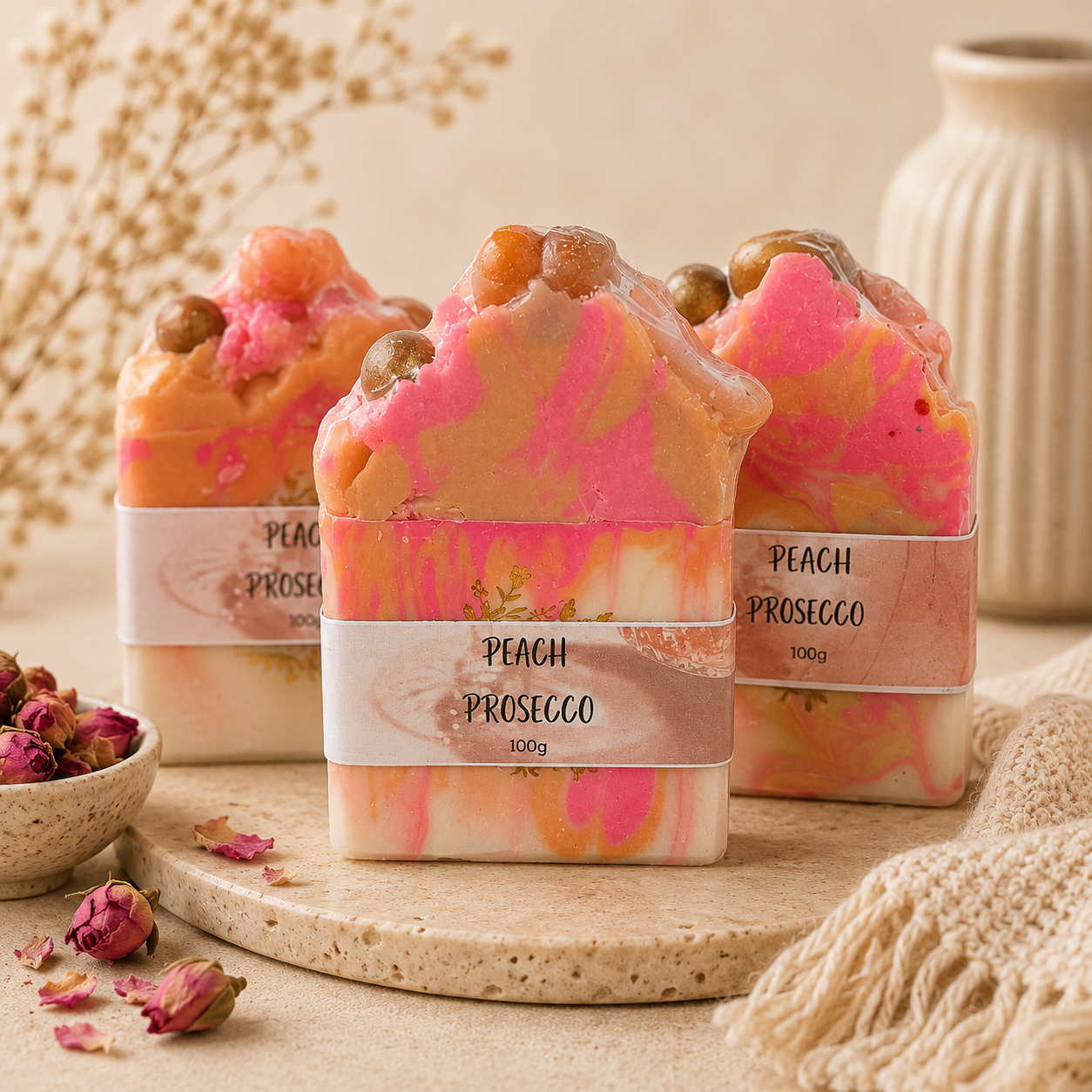 Three bars of 'Peach Prosecco' soap with decorative elements on a wooden surface.
