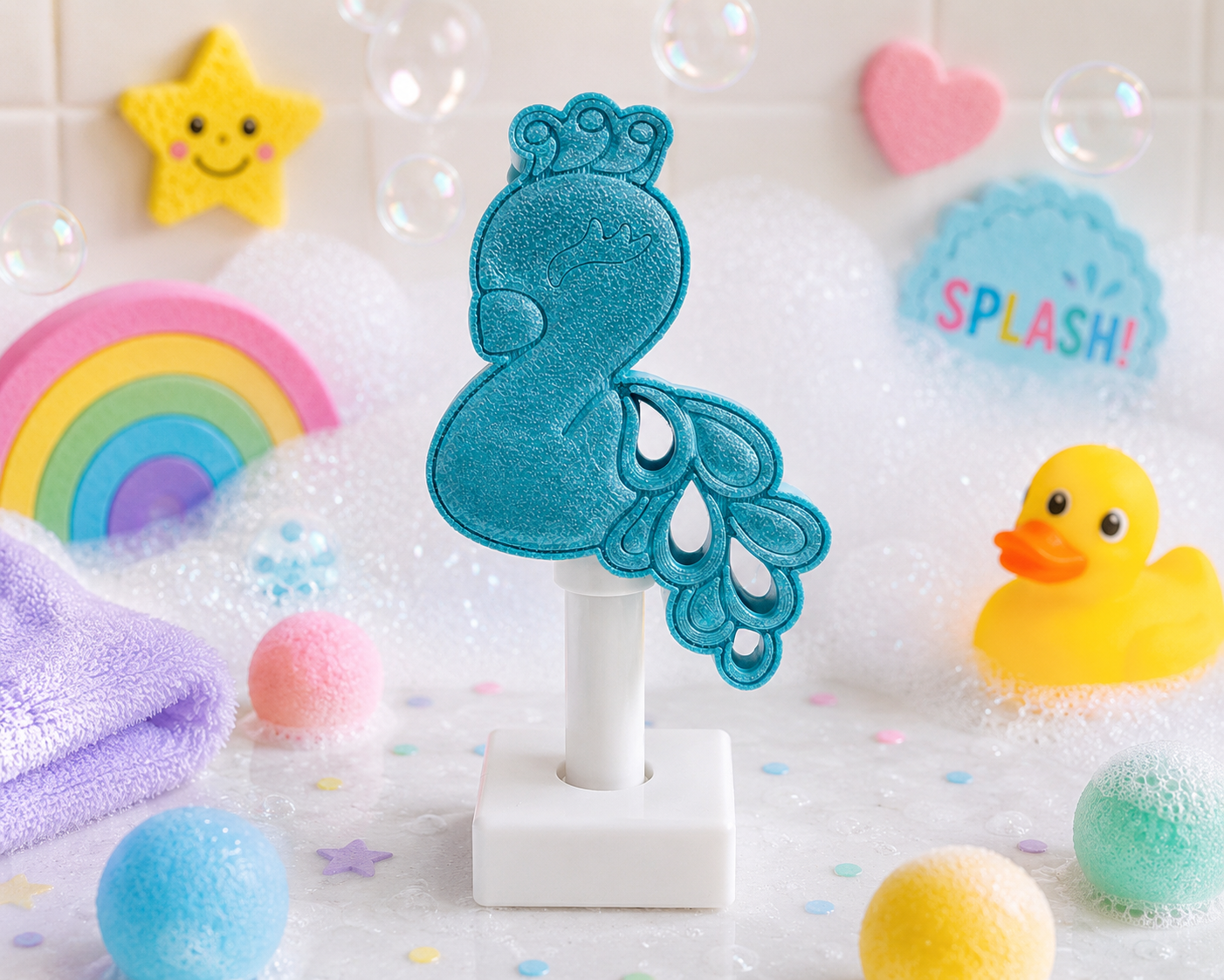 Blue bath toy with colorful bath items on a light background