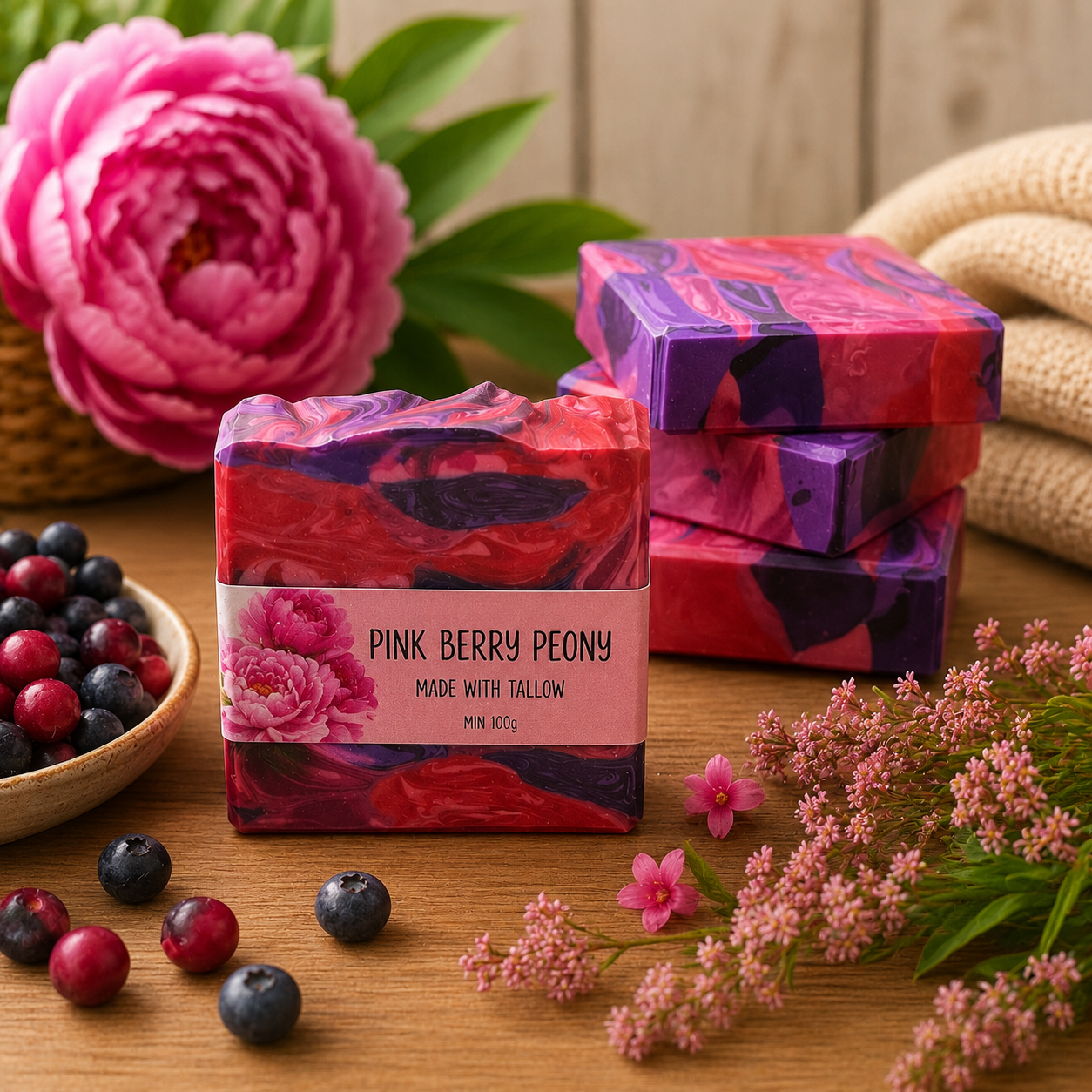 Pink berry peony soap bars with packaging on a wooden surface with berries and flowers.
